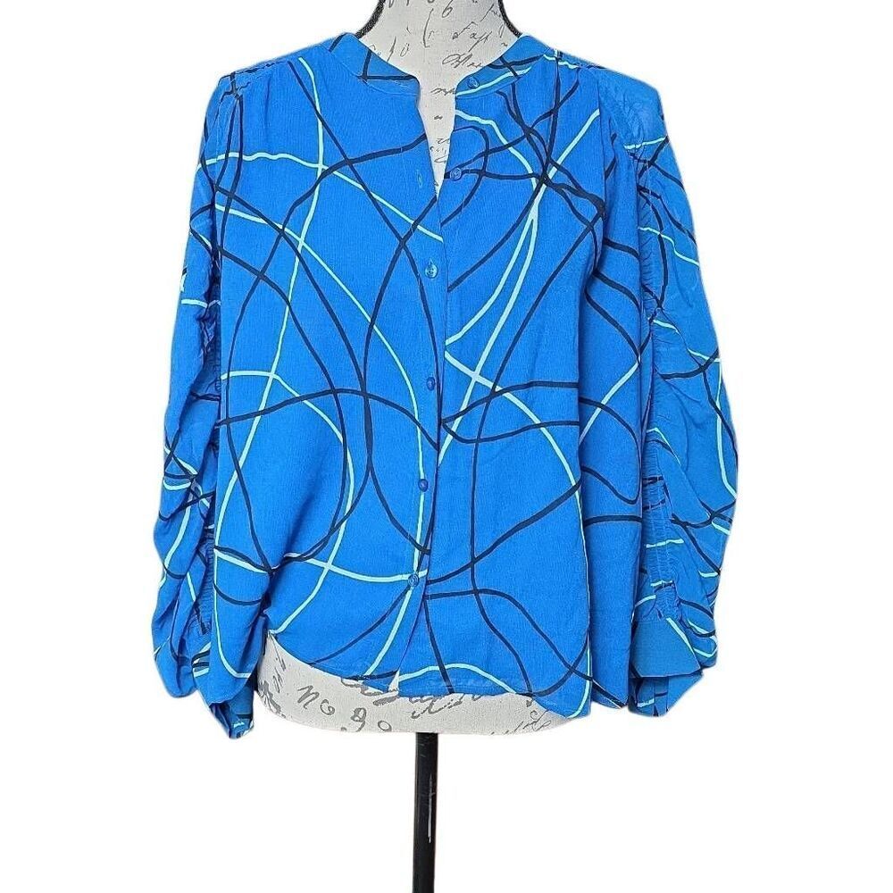 Calvin Klein Women's Size Large Blue Black Swirl Design Button Down Blouse